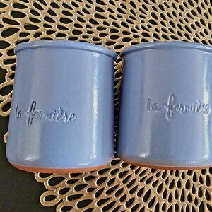 Set of (6) La Fermiere Cermer blue terra cotta yogurt pots